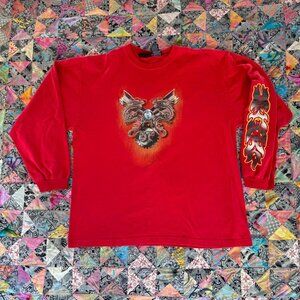 Y2K Streetwear Mens size Large Distressed Dragon Fire Flames Long Sleeve T-shirt